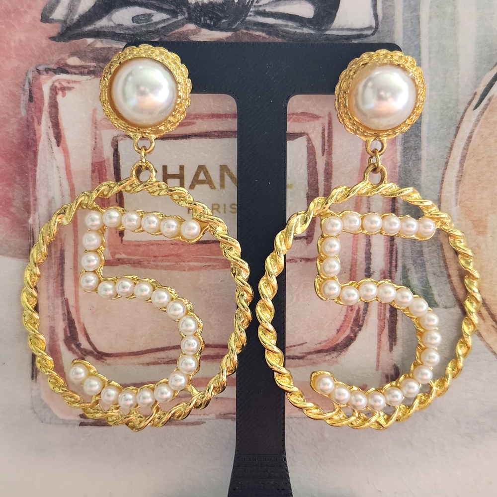Elegant Gold and Pearl #5 Hoop Earrings - Picture 6 of 7